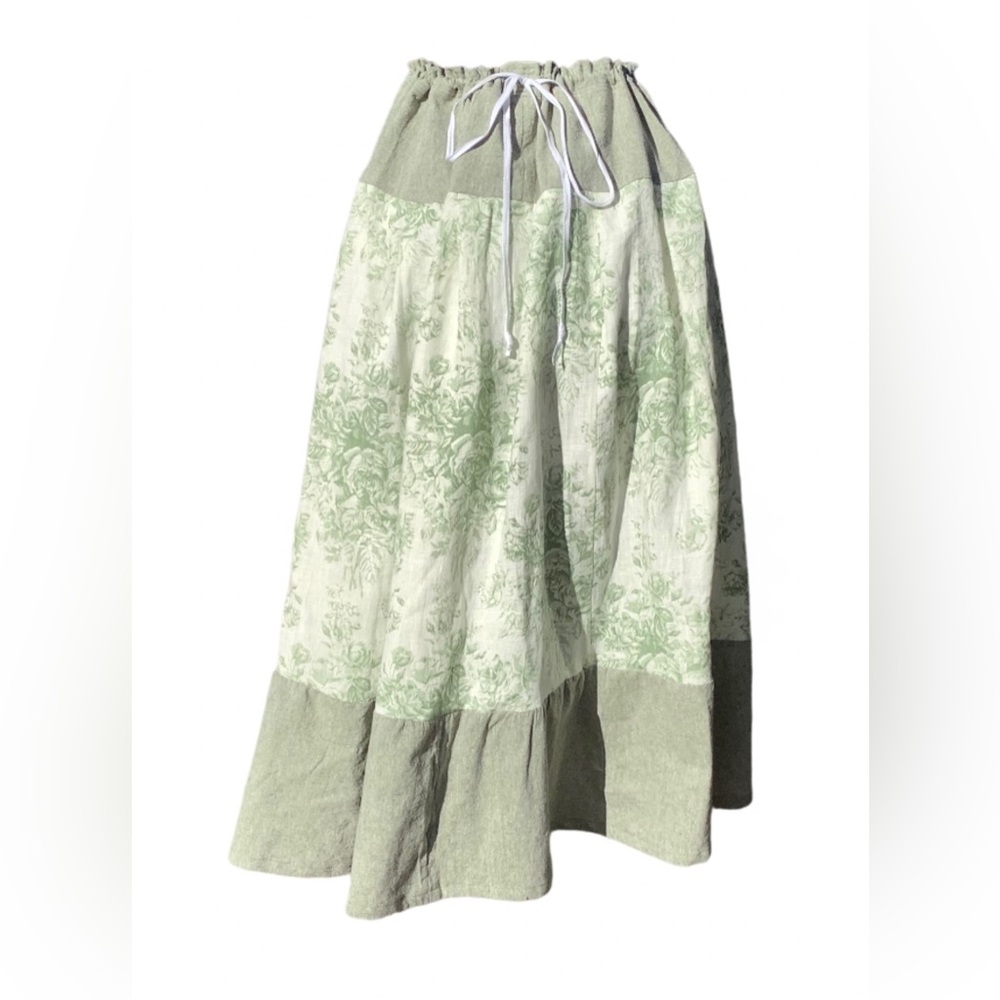 100% Linen Fabric Skirt for Women. Green Pretty Floral peasant Skirt